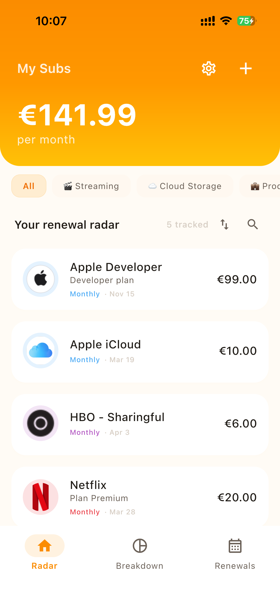 Subs app — Main screen showing your subscriptions