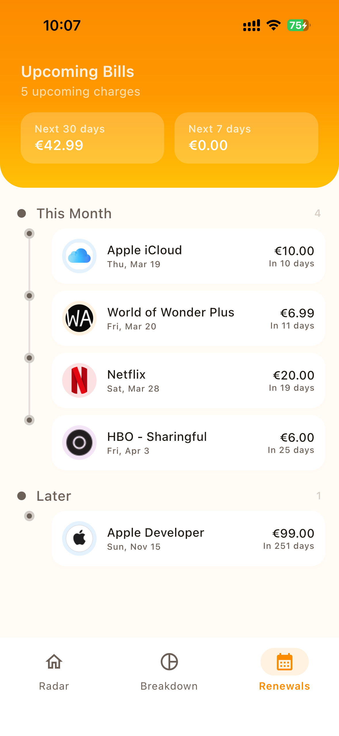 Subs app — Renewals timeline